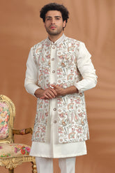 Pearl White Silk Printed Jacket Kurta Set